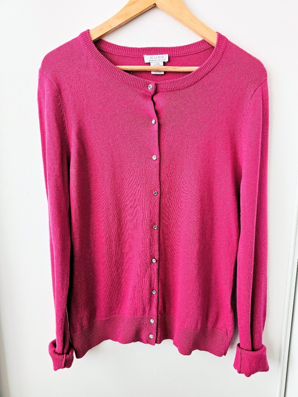 Alfred Sung pink knit Cotton Cashmere Blend  button-up crewneck cardigan Size L